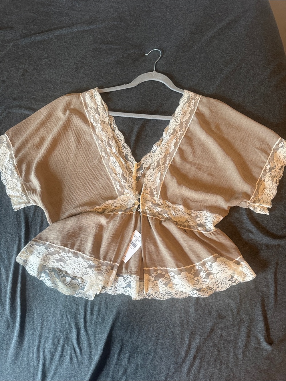 Daytrip Tan Lace-Trim Peplum Blouse